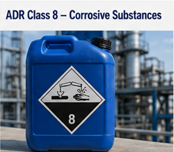 Corrosive chemicals in industrial containers with ADR Class 8 warning labels