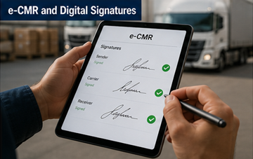 Driver signing digital transport document on tablet representing e-CMR electronic signature