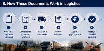 Logistics workflow showing quotation invoice receipt and payment process in transport platform