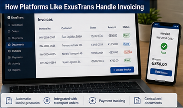 Transport platform dashboard showing invoices payments and transport activity records