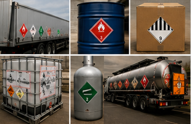 ADR labels displayed on dangerous goods packages trucks and containers
